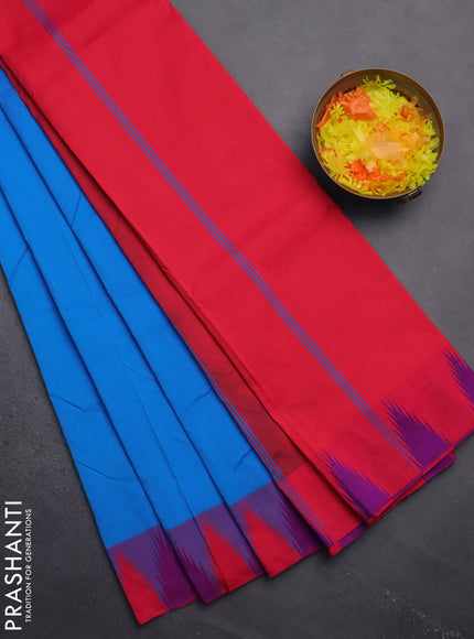 Arani semi silk saree cs blue and dual shade of purple with plain body and temple design border