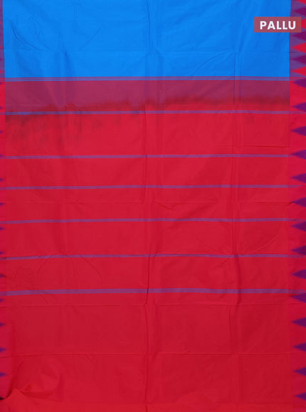 Arani semi silk saree cs blue and dual shade of purple with plain body and temple design border