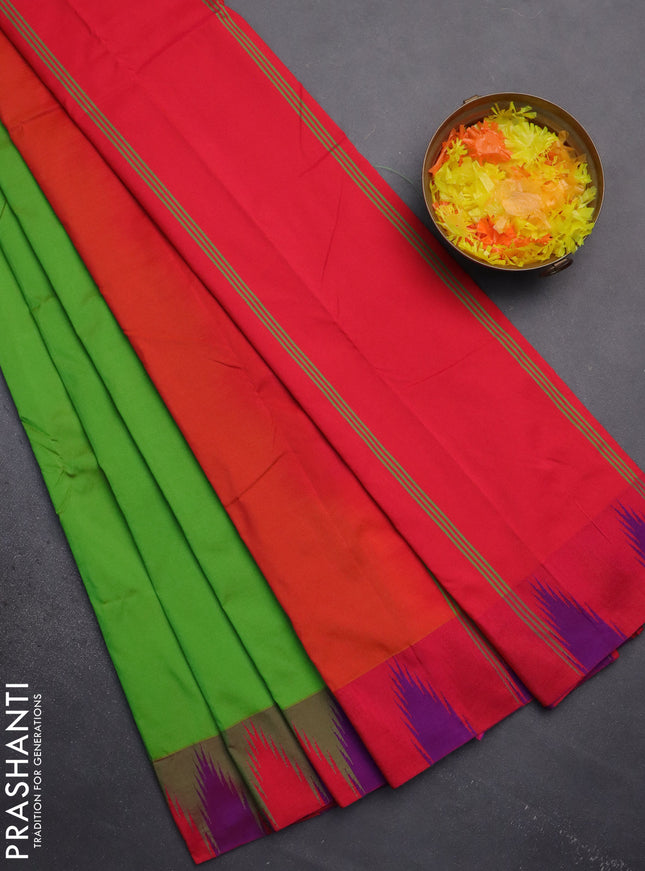 Arani semi silk saree dual shade of light green and dual shade of pink with plain body and temple design border