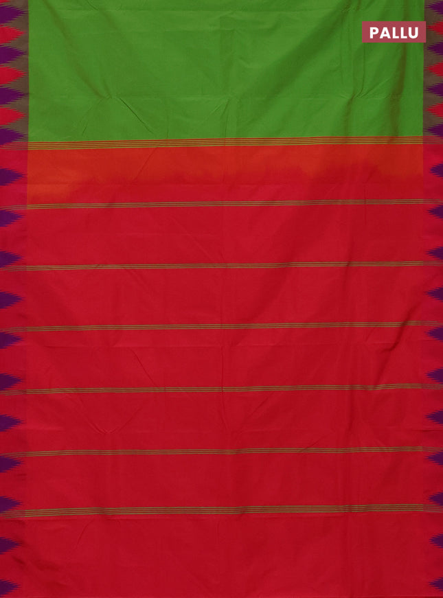 Arani semi silk saree dual shade of light green and dual shade of pink with plain body and temple design border