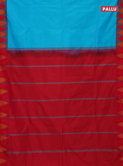 Arani semi silk saree teal blue and dual shade of bluish pink with plain body and temple design border