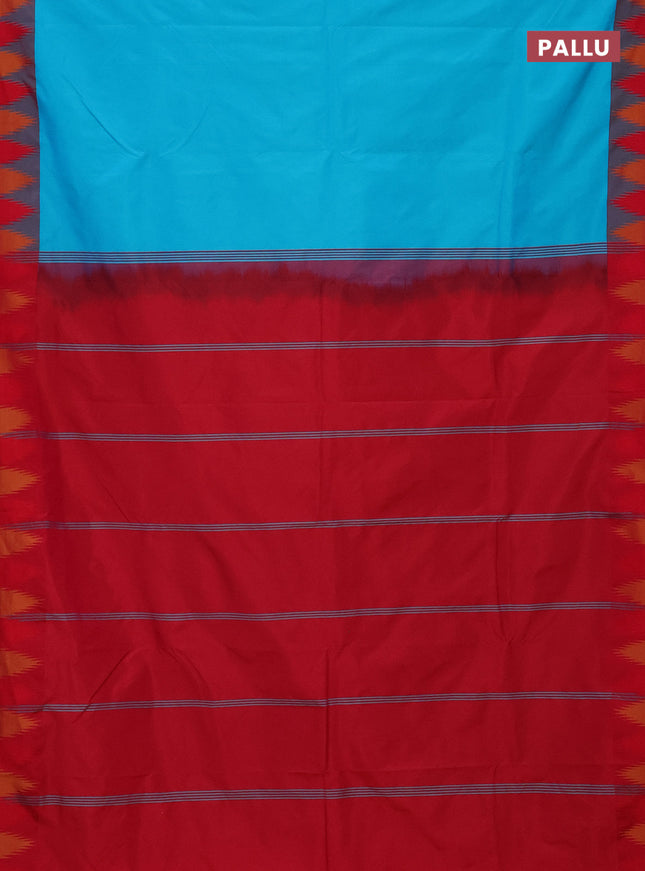 Arani semi silk saree teal blue and dual shade of bluish pink with plain body and temple design border