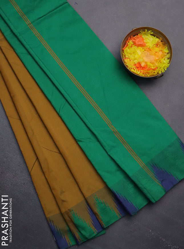 Arani semi silk saree dark mustard and dual shade of green with plain body and temple design border