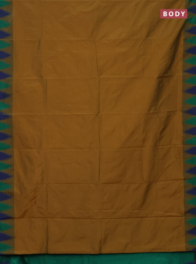 Arani semi silk saree dark mustard and dual shade of green with plain body and temple design border