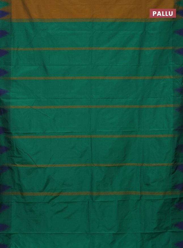 Arani semi silk saree dark mustard and dual shade of green with plain body and temple design border