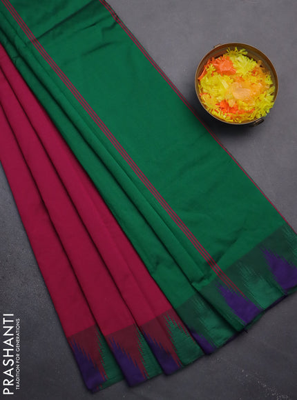 Arani semi silk saree magenta pink and green violet with plain body and temple design border