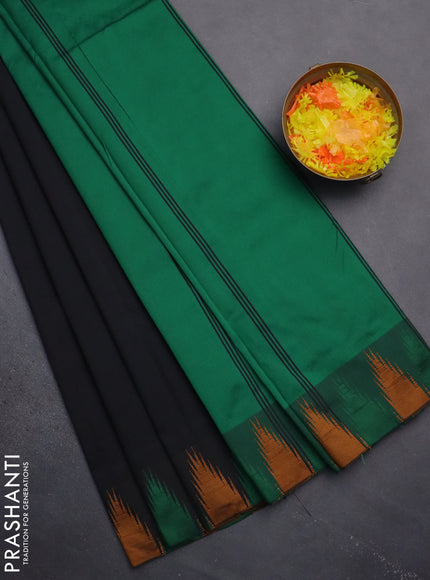 Arani semi silk saree black and green mustard yellow with plain body and temple design border