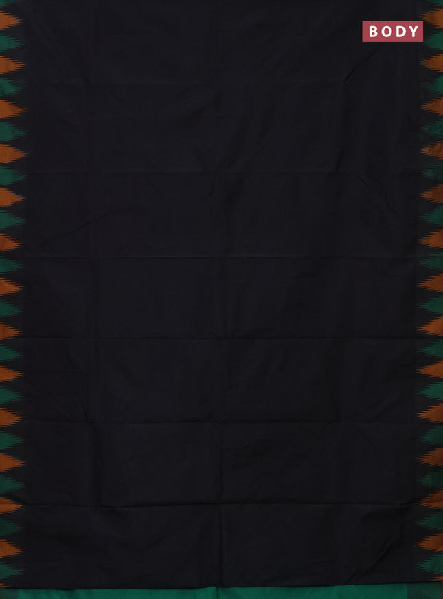 Arani semi silk saree black and green mustard yellow with plain body and temple design border