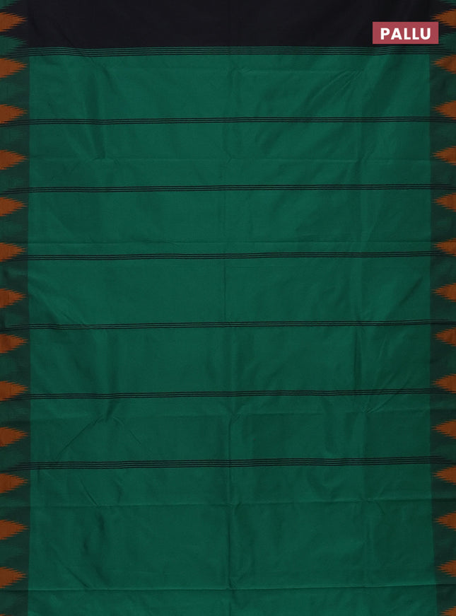 Arani semi silk saree black and green mustard yellow with plain body and temple design border