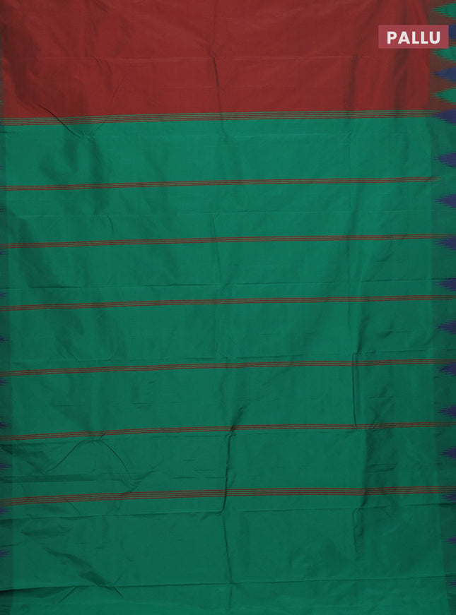Arani semi silk saree maroon shade and dual shade of green with plain body and temple design border