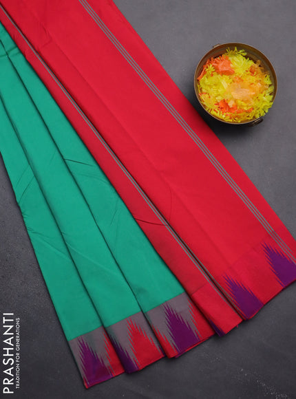 Arani semi silk saree teal green and dual shade of bluish pink with plain body and temple design border