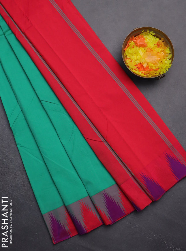 Arani semi silk saree teal green and dual shade of bluish pink with plain body and temple design border