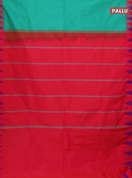Arani semi silk saree teal green and dual shade of bluish pink with plain body and temple design border