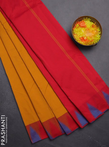 Arani semi silk saree mustard yellow and dual shade of red with plain body and temple design border
