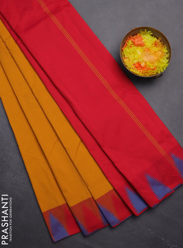 Arani semi silk saree mustard yellow and dual shade of red with plain body and temple design border