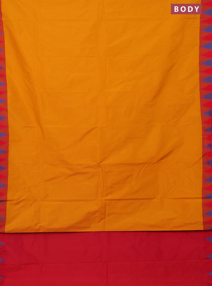 Arani semi silk saree mustard yellow and dual shade of red with plain body and temple design border