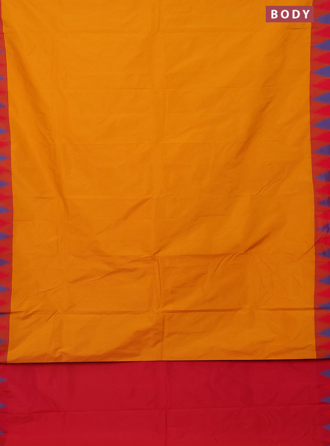 Arani semi silk saree mustard yellow and dual shade of red with plain body and temple design border
