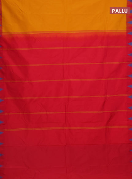 Arani semi silk saree mustard yellow and dual shade of red with plain body and temple design border