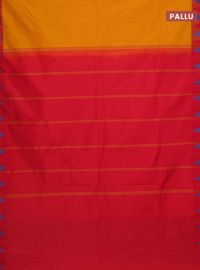 Arani semi silk saree mustard yellow and dual shade of red with plain body and temple design border