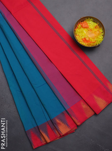 Arani semi silk saree dual shade of teal blue and dual shade of pink with plain body and temple design border