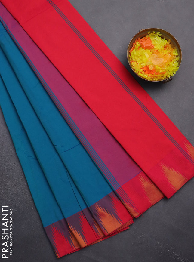 Arani semi silk saree dual shade of teal blue and dual shade of pink with plain body and temple design border