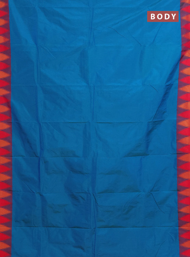 Arani semi silk saree dual shade of teal blue and dual shade of pink with plain body and temple design border