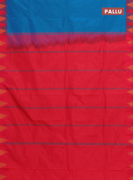 Arani semi silk saree dual shade of teal blue and dual shade of pink with plain body and temple design border