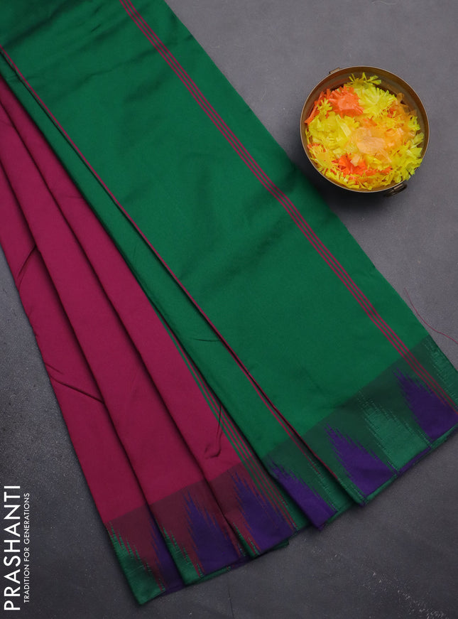 Arani semi silk saree magenta pink and green blue with plain body and temple design border