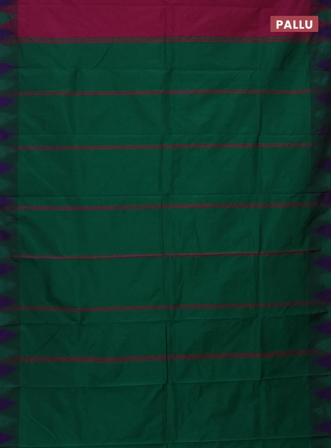 Arani semi silk saree magenta pink and green blue with plain body and temple design border