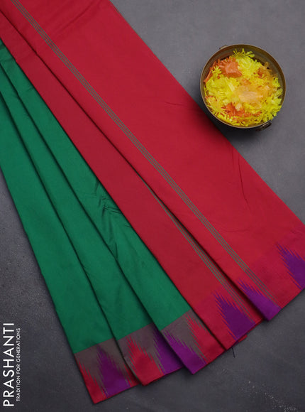 Arani semi silk saree green and dual shade of magenta pink with plain body and temple design border