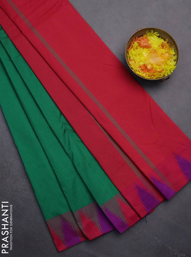 Arani semi silk saree green and dual shade of magenta pink with plain body and temple design border