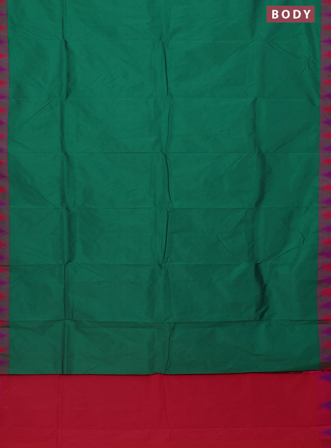 Arani semi silk saree green and dual shade of magenta pink with plain body and temple design border