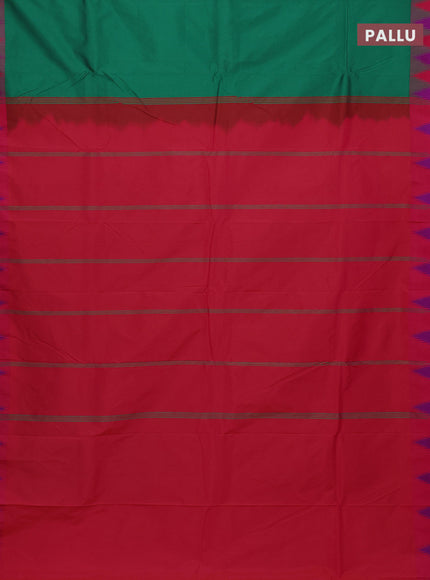 Arani semi silk saree green and dual shade of magenta pink with plain body and temple design border