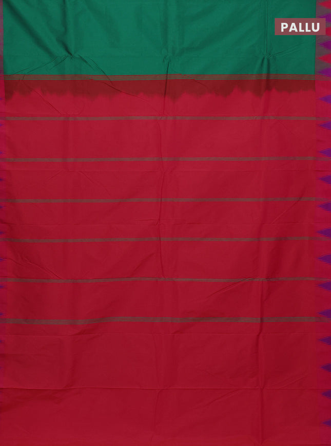 Arani semi silk saree green and dual shade of magenta pink with plain body and temple design border