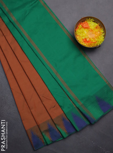 Arani semi silk saree rust shade and green with plain body and temple design border