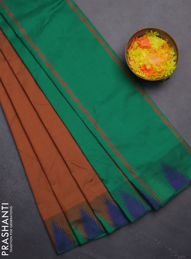 Arani semi silk saree rust shade and green with plain body and temple design border