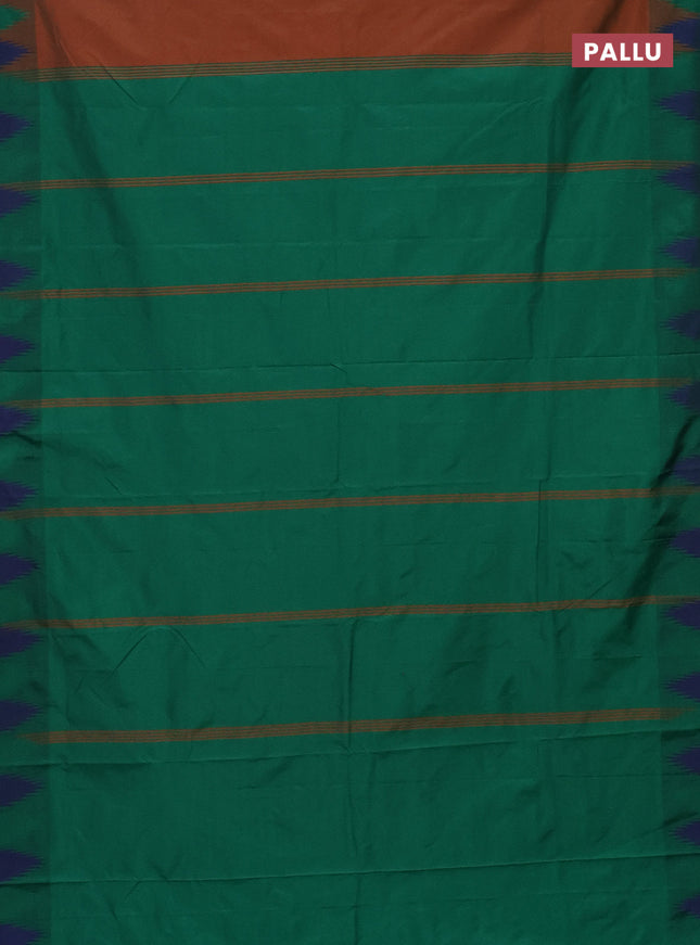 Arani semi silk saree rust shade and green with plain body and temple design border