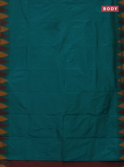 Arani semi silk saree teal green and maroon mustard with plain body and temple design border
