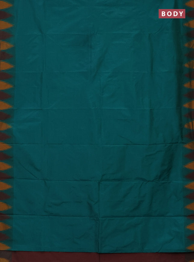 Arani semi silk saree teal green and maroon mustard with plain body and temple design border