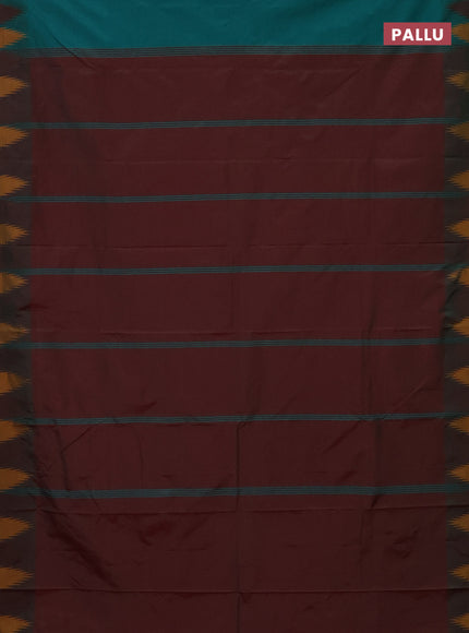 Arani semi silk saree teal green and maroon mustard with plain body and temple design border