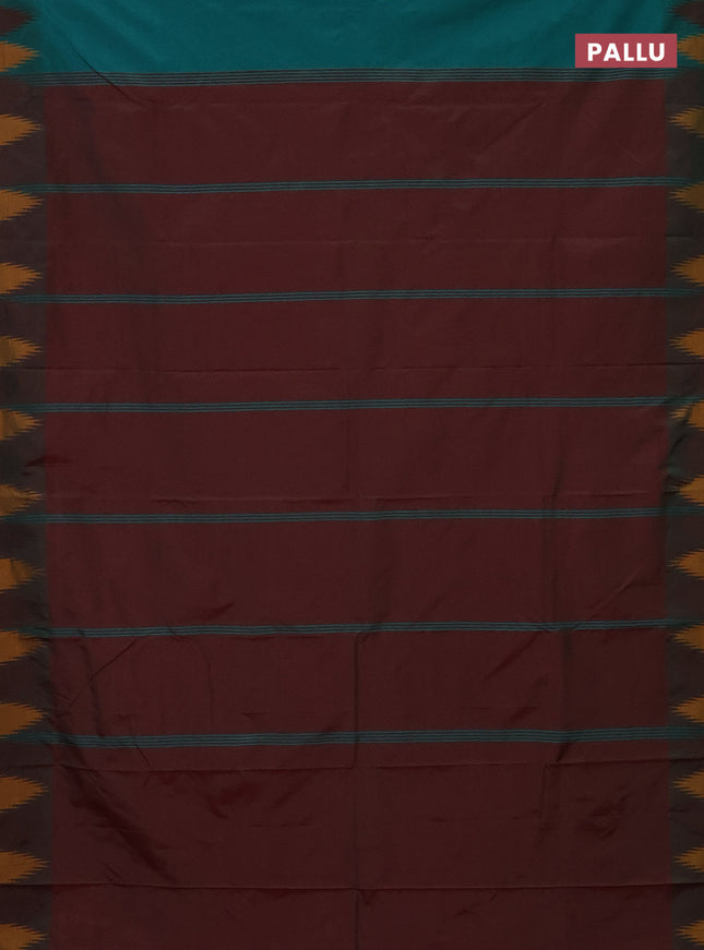 Arani semi silk saree teal green and maroon mustard with plain body and temple design border