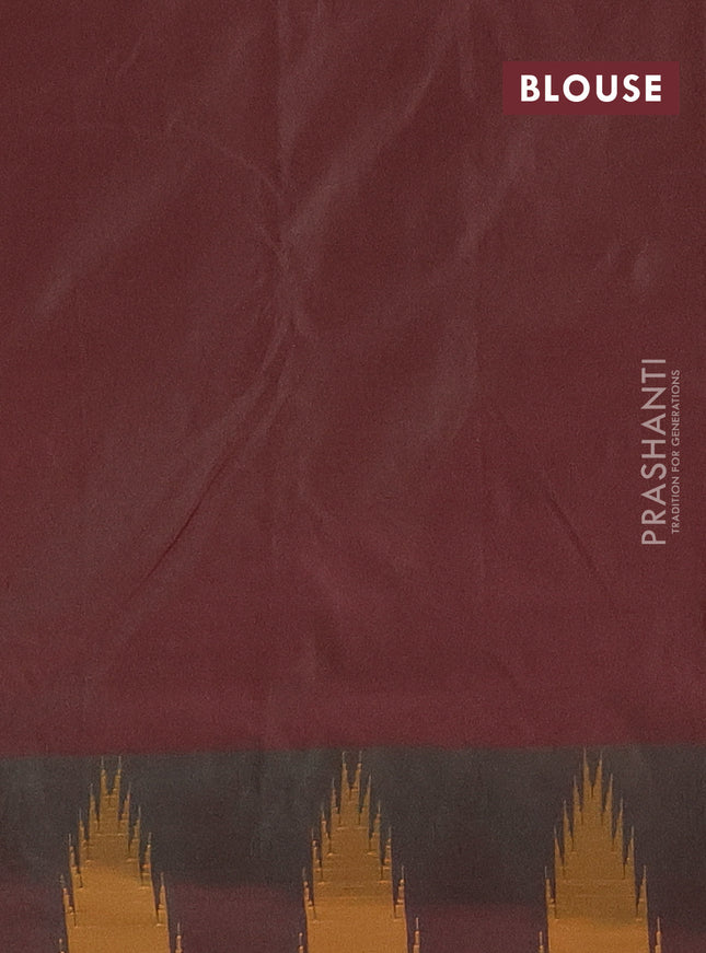 Arani semi silk saree teal green and maroon mustard with plain body and temple design border
