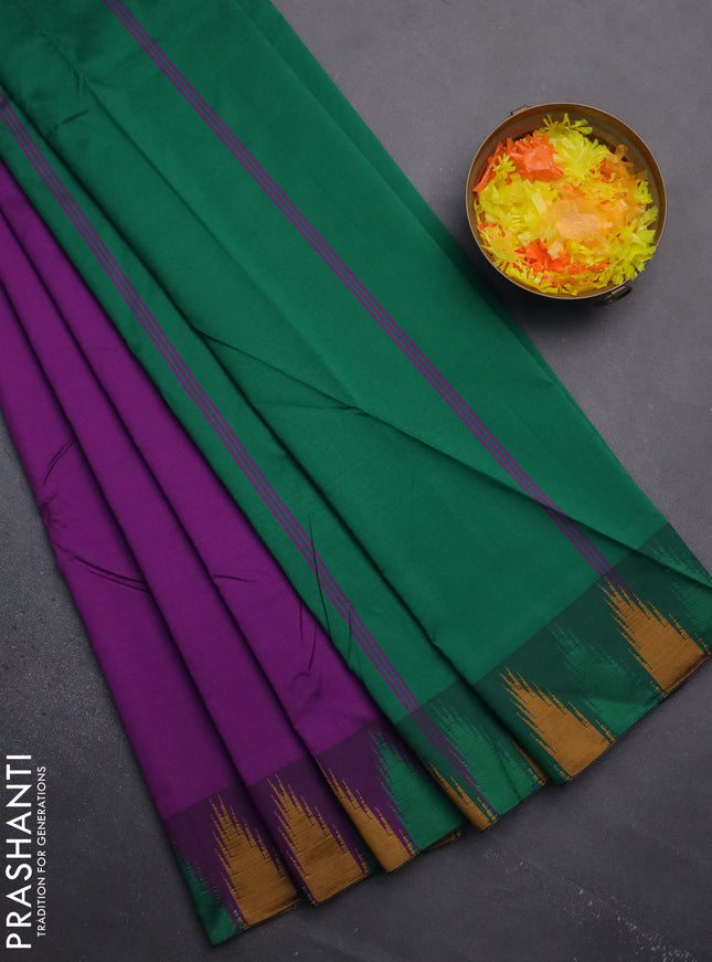 Arani semi silk saree purple and green mustard yellow with plain body and temple design border
