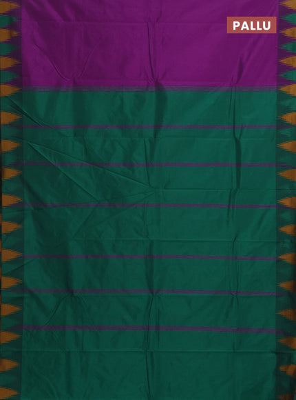 Arani semi silk saree purple and green mustard yellow with plain body and temple design border