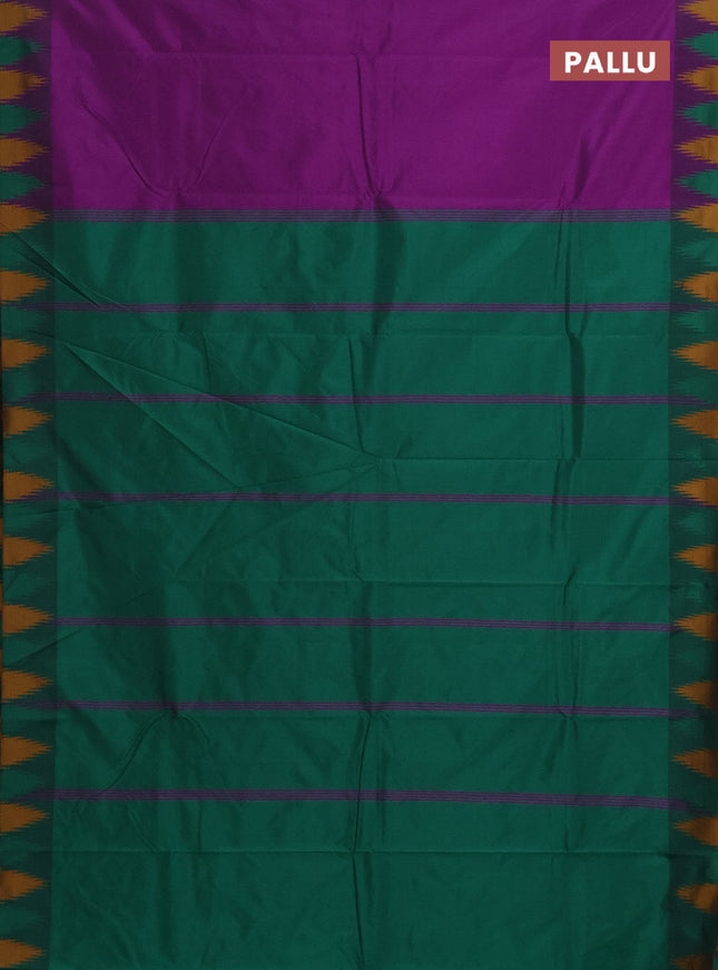 Arani semi silk saree purple and green mustard yellow with plain body and temple design border
