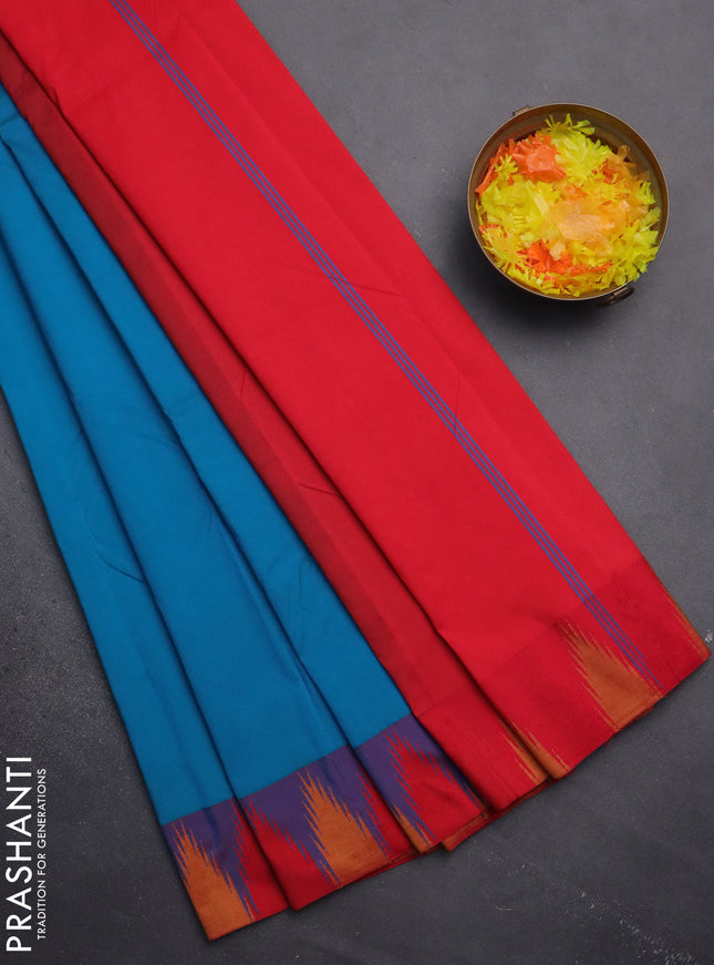 Arani semi silk saree teal blue and pink with plain body and temple design border