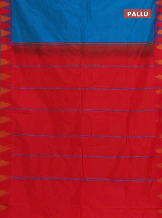 Arani semi silk saree teal blue and pink with plain body and temple design border