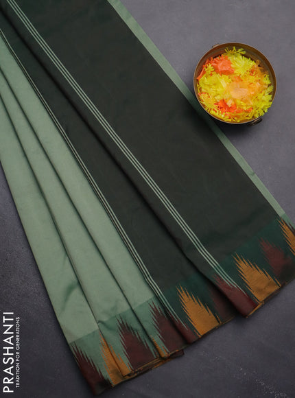 Arani semi silk saree pastel green shade and mustard yellow maroon with plain body and temple design border