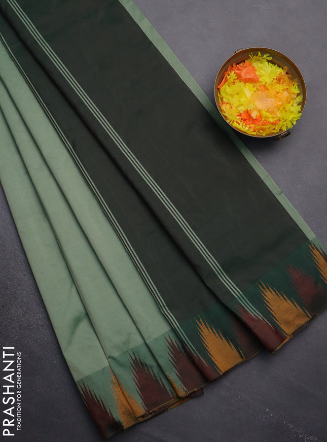 Arani semi silk saree pastel green shade and mustard yellow maroon with plain body and temple design border