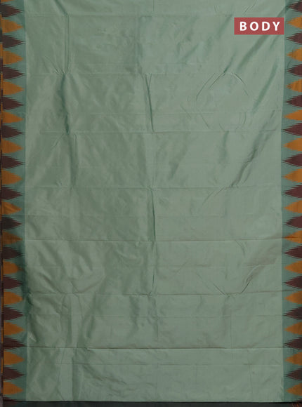 Arani semi silk saree pastel green shade and mustard yellow maroon with plain body and temple design border